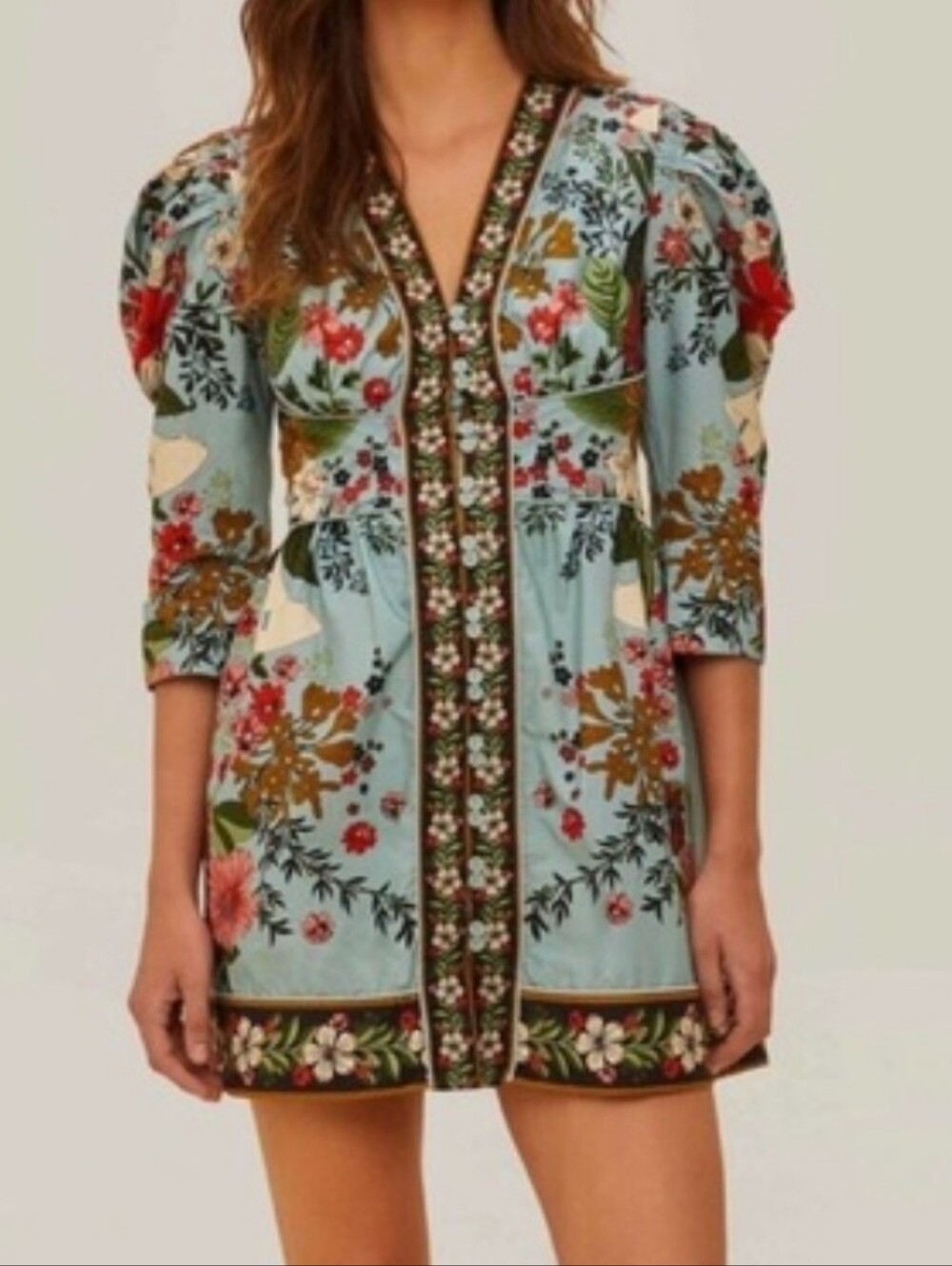 FARM Rio Light Blue Floral Mini Dress with Red, Green & Pink Accents